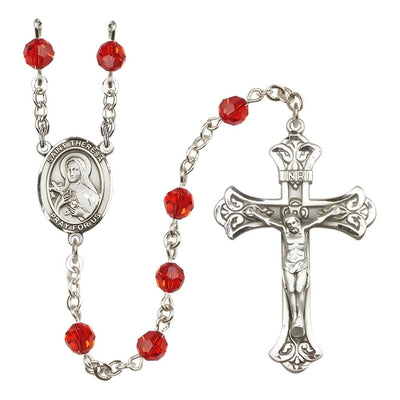 St. Theresa Ruby 6mm Austrian Crystal July Birthstone Sterling Silver Rosary with Sterling Centerpiece and Scroll Design Crucifix, Bliss Manufacturing