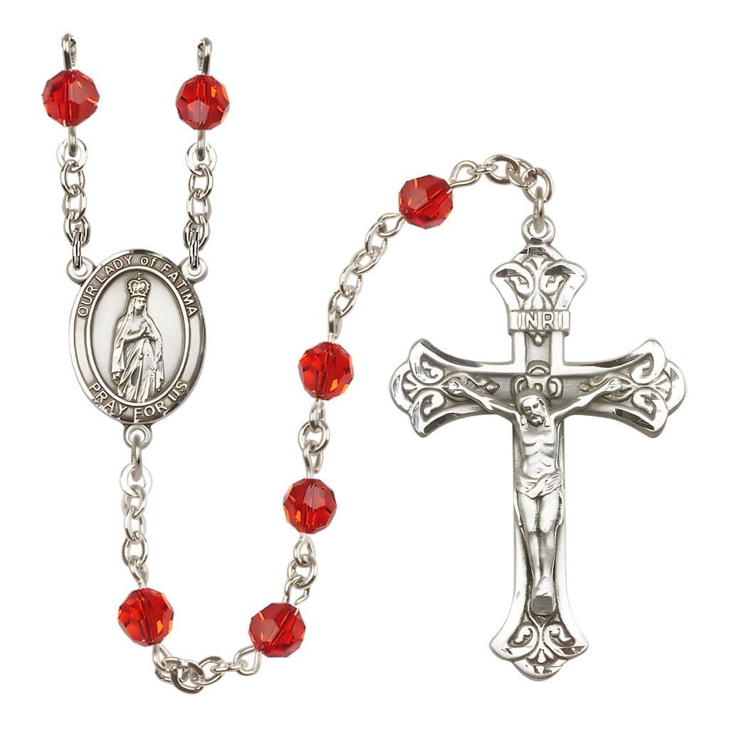 Bliss Our Lady of Fatima Engravable Rosary with Sterling Silver Crucifix and Centerpiece, Birthstone 6mm Austrian Crystal Ruby Beads for July