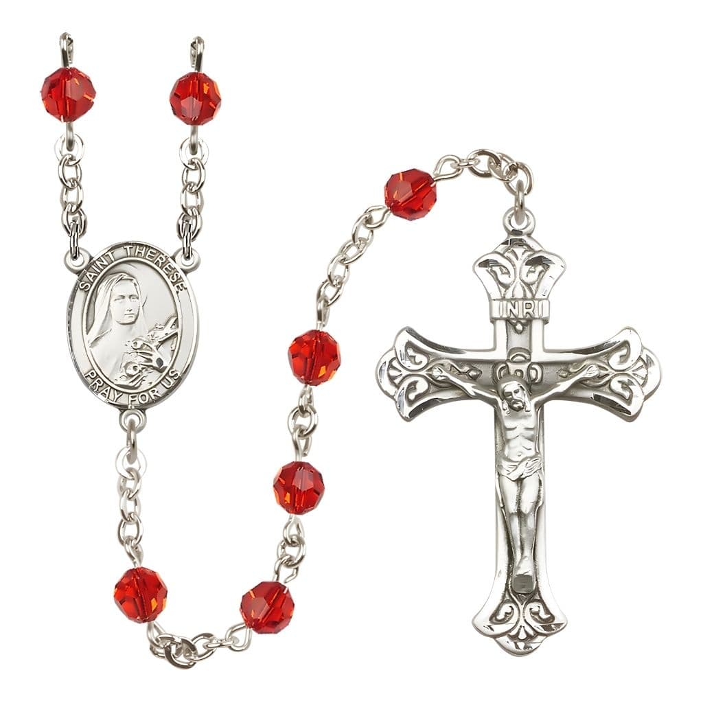 Bliss St. Therese of Lisieux Engravable Rosary with Sterling Silver Centerpiece and Scroll Design Crucifix, July Birthstone 6mm Ruby Austrian Crystal Beads