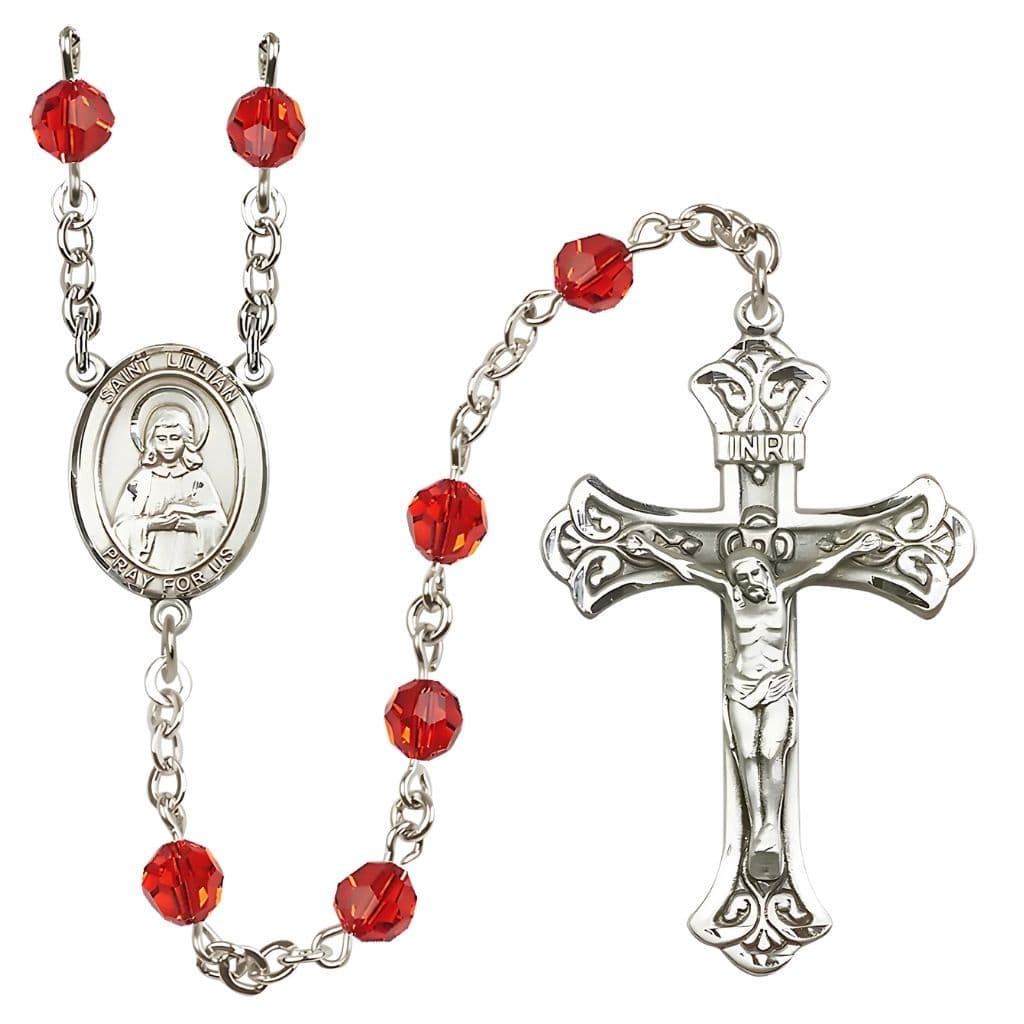 Bliss Lillian Rosary with 6mm Ruby Austrian Crystal Beads and Sterling Silver,