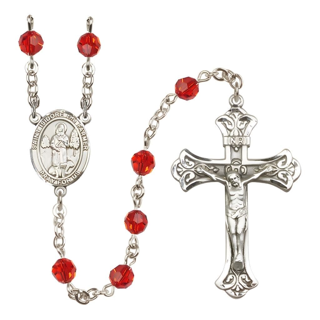 Bliss St. Isidore the Farmer Engravable Rosary with Sterling Silver Scroll Crucifix and Centerpiece, Birthstone 6mm Austrian Crystal Ruby Beads for July