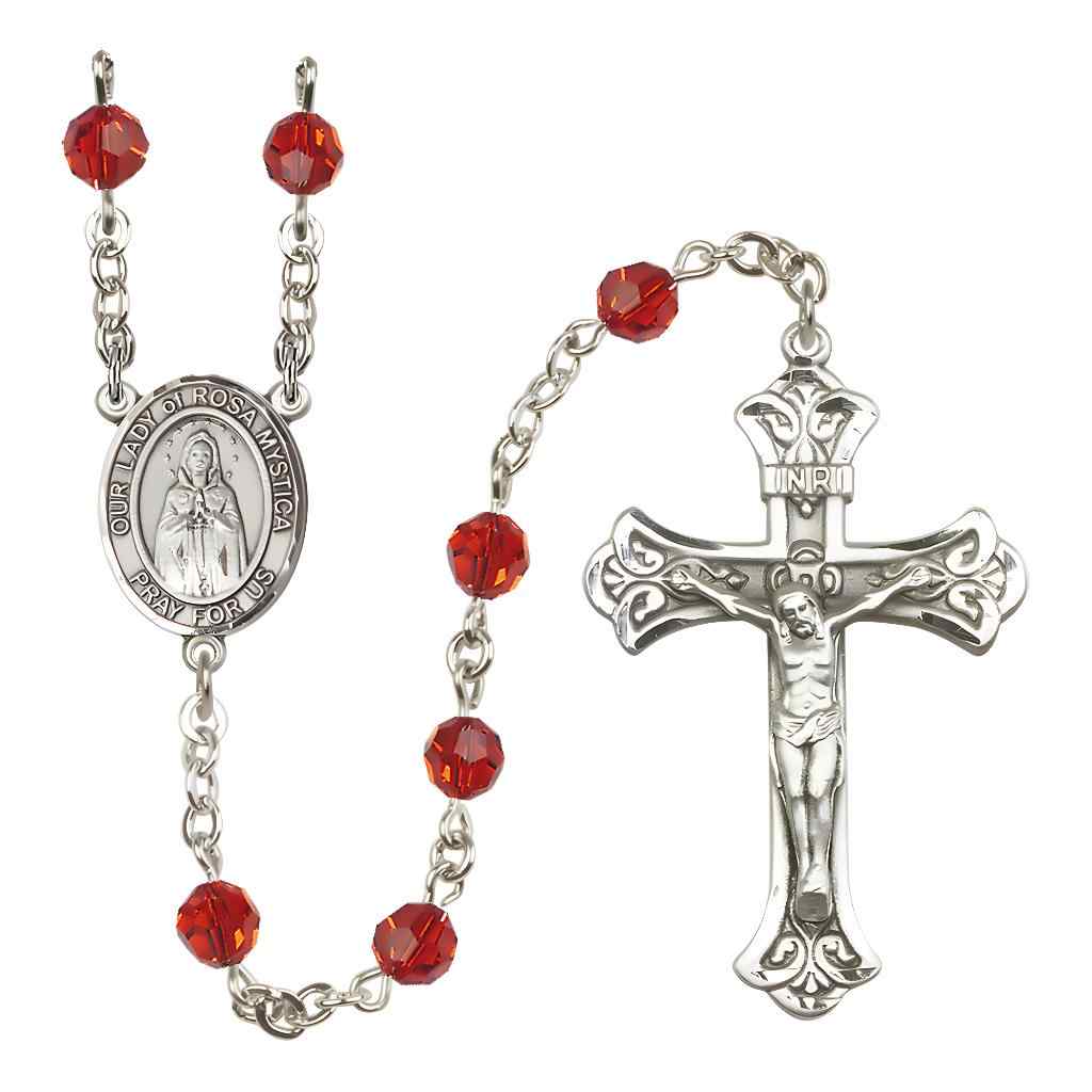 Our Lady of Rosa Mystica Rosary with Sterling Silver Scroll Crucifix and Centerpiece, Birthstone 6mm Austrian Crystal Ruby Beads for July