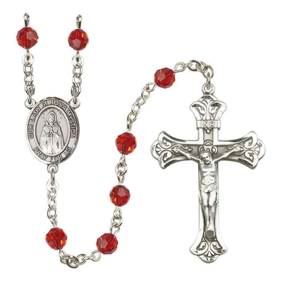 Our Lady of Rosa Mystica Rosary with Sterling Silver Scroll Crucifix and Centerpiece, Birthstone 6mm Austrian Crystal Ruby Beads for July