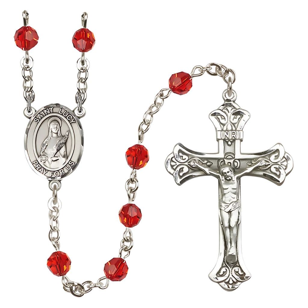 Bliss St. Lucy Rosary with 6mm Ruby Austrian Crystal Beads and Sterling Silver in gift box,