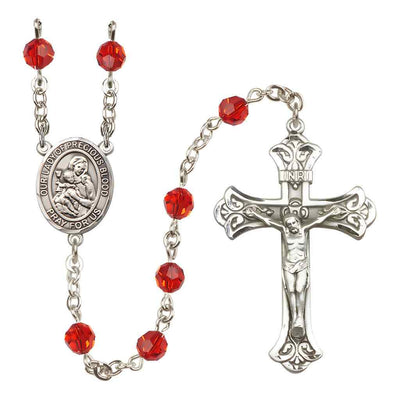 Our Lady of the Precious Blood Rosary with Sterling Silver Scroll Crucifix and Centerpiece, Birthstone 6mm Austrian Crystal Ruby Beads for July