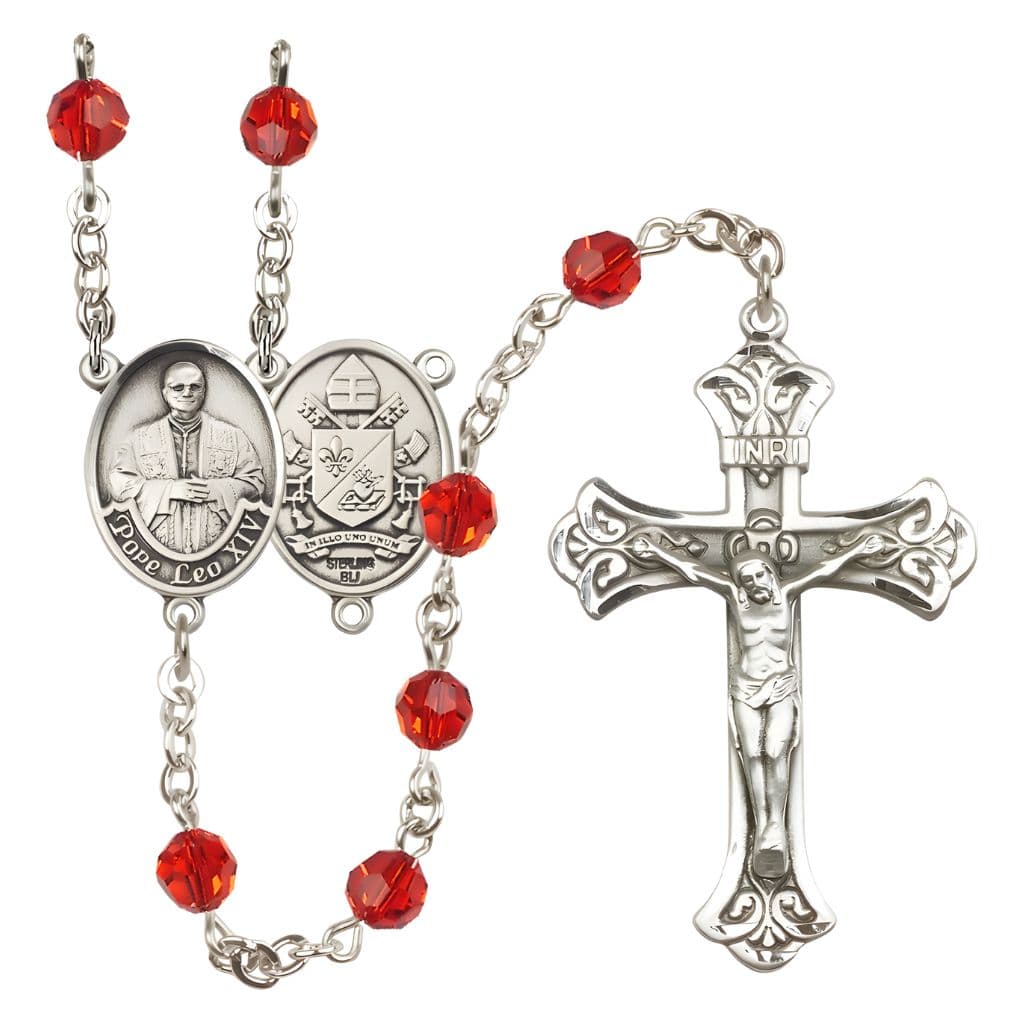 Bliss Pope Leo XIV Engravable Rosary with Sterling Silver Scallop Edge Crucifix and Centerpiece, Birthstone 6mm Austrian Crystal Ruby Beads for July