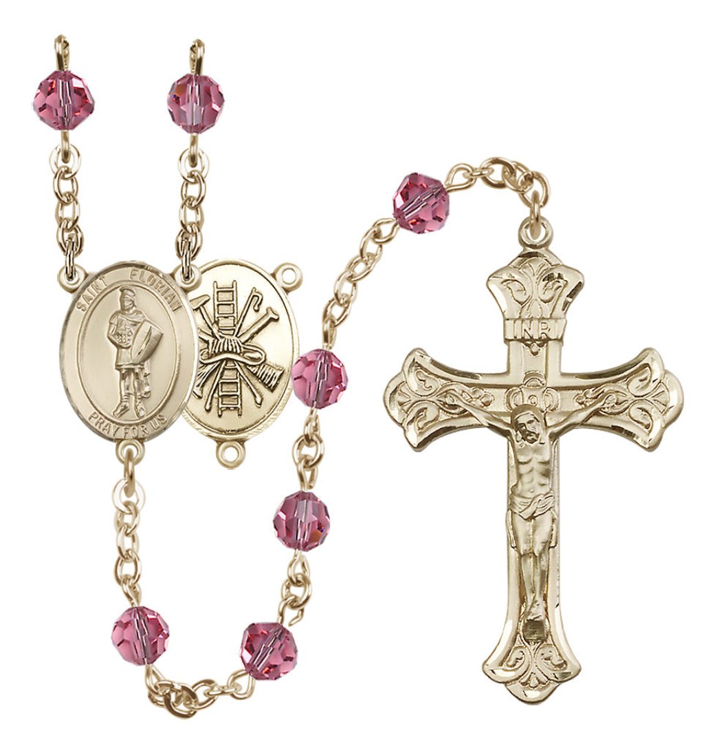 Bliss St Florian Firefighter Gold-filled Crystal Flared Crucifix Rosary in Rose October Birthstone,