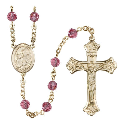 St. Joseph Rosary with Gold-filled Scroll Crucifix and Centerpiece, Birthstone 6mm Austrian Crystal Pink Rose Beads for October