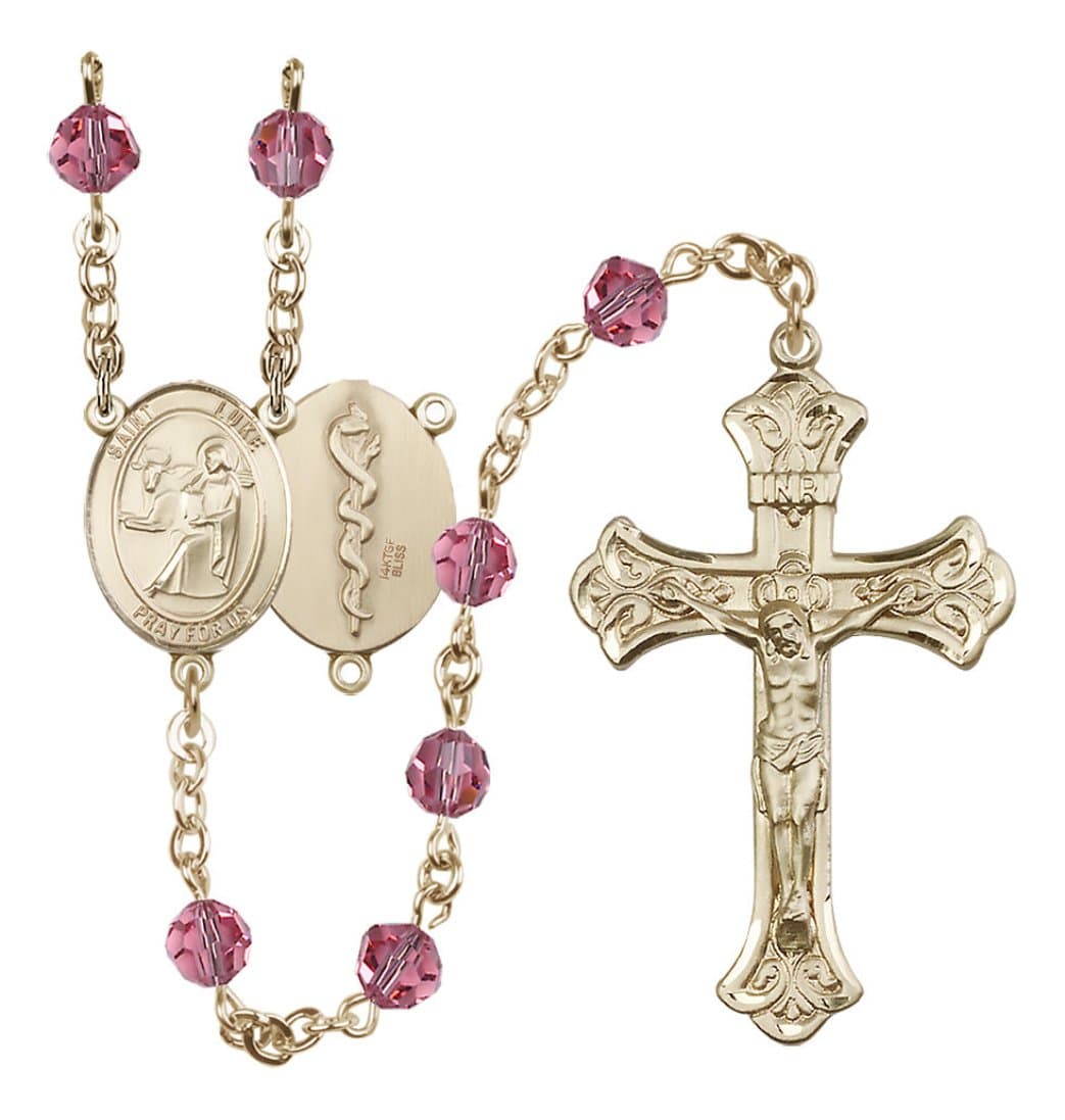 Bliss Doctor St Luke Gold-filled Crystal Flared Crucifix Rosary in Rose,