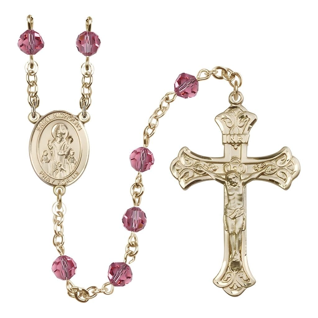 Bliss St. Nicholas Engravable Rosary with 14kt Gold-filled Centerpiece and Scroll Design Crucifix, October Birthstone 6mm Pink Austrian Crystal Beads