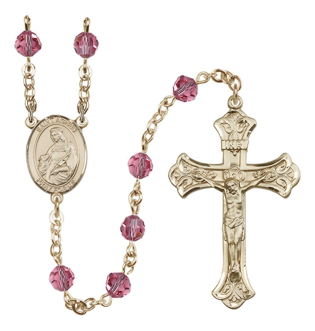 Bliss 14kt Gold 6mm Austrian Crystal Saint Agnes of Rome Rosary in Rose,