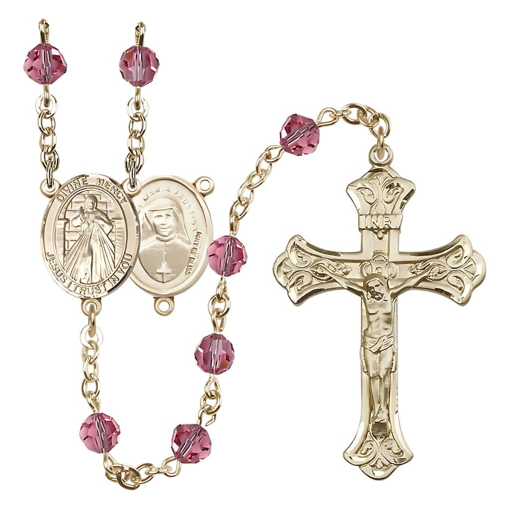 Bliss Jesus Divine Mercy Engravable Rosary with Gold-filled Scroll Design Crucifix and Centerpiece, Birthstone 6mm Austrian Crystal Pink Rose Beads for October