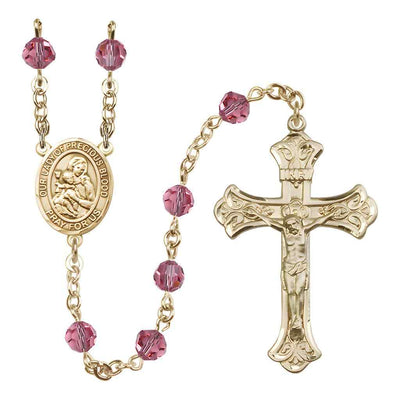 Our Lady of the Precious Blood Rosary with Gold-filled Scroll Crucifix and Centerpiece, Birthstone 6mm Austrian Crystal Pink Rose Beads for October