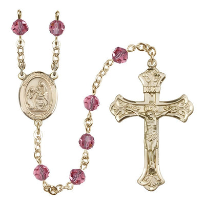 St. Catherine of Siena Engravable Rosary with 14kt Gold Crucifix and Centerpiece, Birthstone 6mm Austrian Crystal Pink Rose Beads for October, Bliss Manufacturing