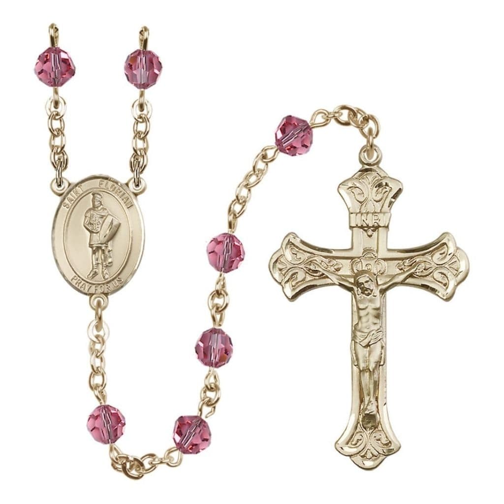 Bliss St. Florian 14kt Gold Scalloped Tip Crucifix Crystal Rosary with Rose Beads,