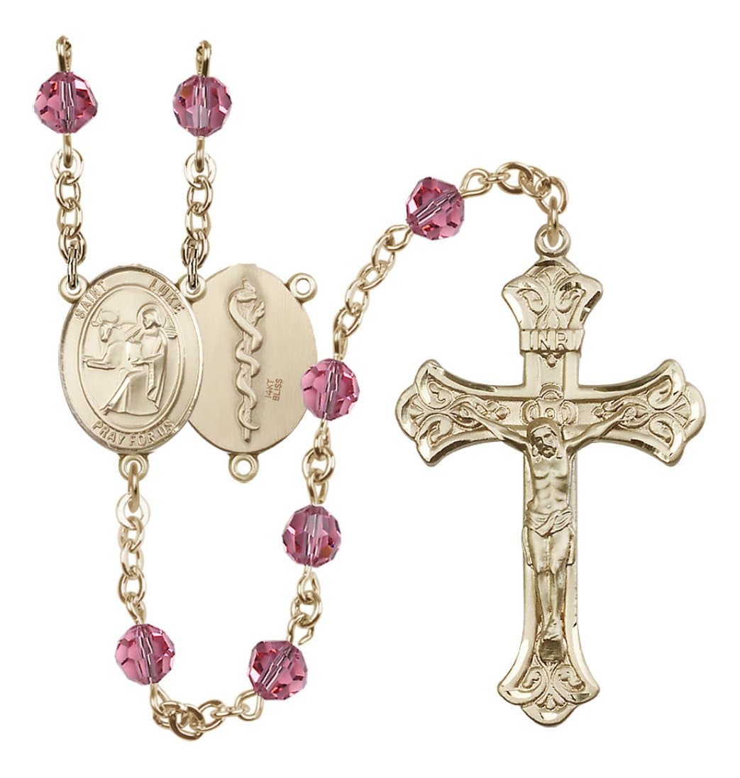 Bliss Doctor St Luke 14kt Gold Flared Tip Crucifix Crystal Rosary in Oct/Rose,