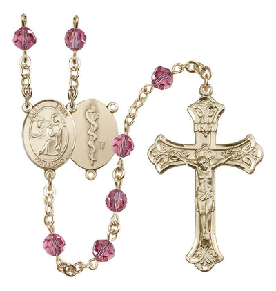Doctor St Luke 14kt Gold Flared Tip Crucifix Crystal Rosary in Oct/Rose, Bliss Manufacturing
