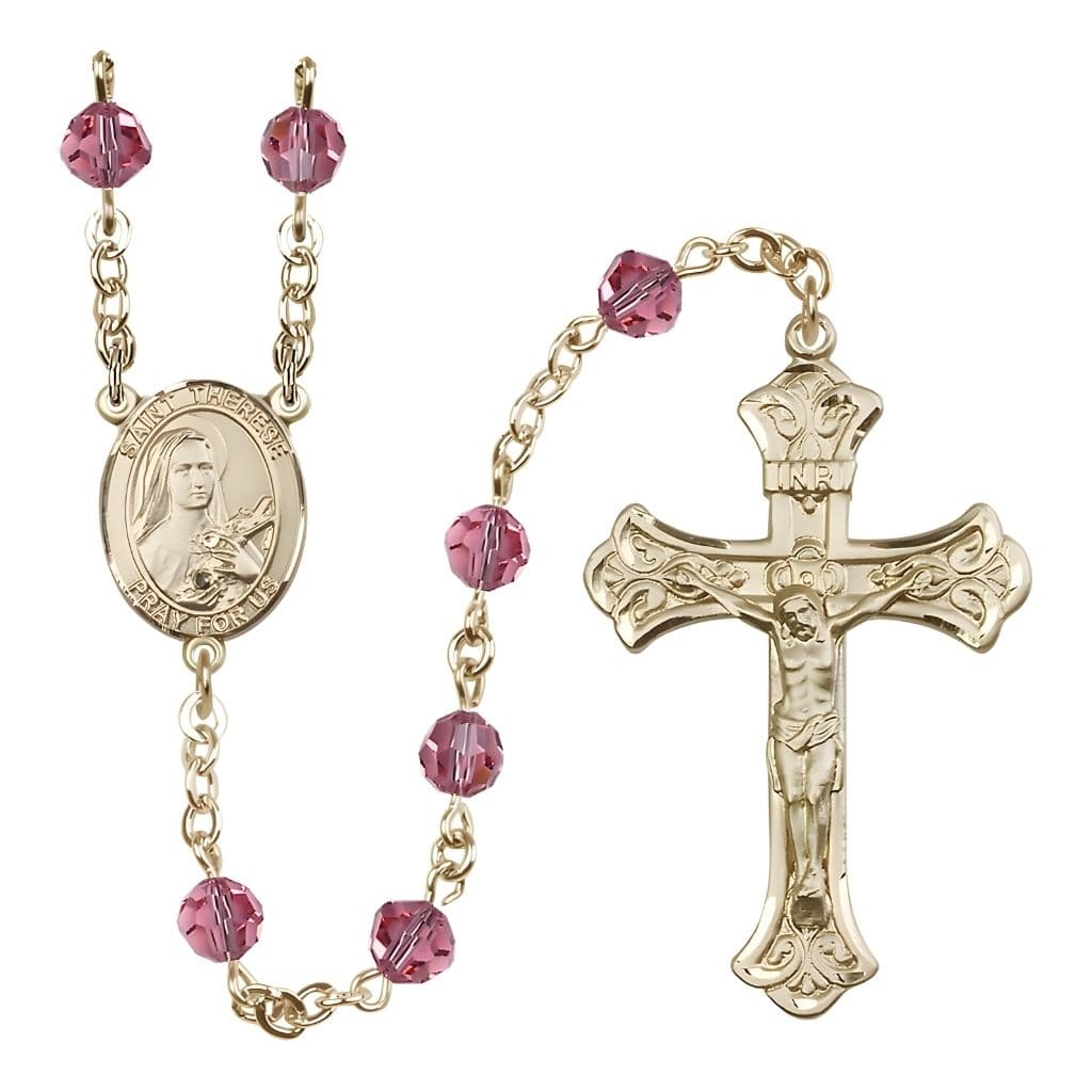 Bliss St. Therese of Lisieux 6mm Rose Austrian Crystal Birthstone 14kt Gold Rosary with Scroll Design Crucifix