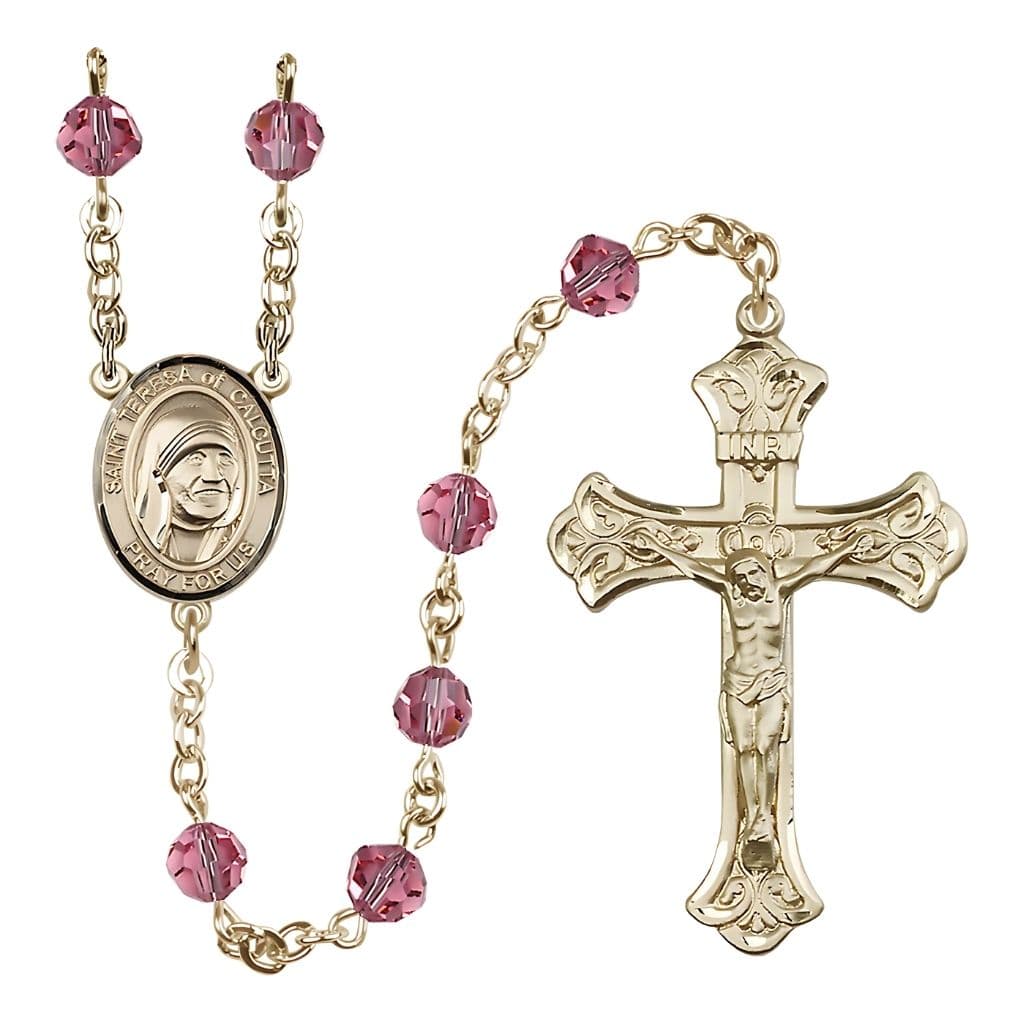 Bliss St. Teresa of Calcutta Crystal 14kt Gold Rosary with 6mm Rose  Austrian crystal beads,