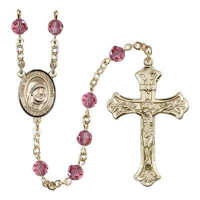 St. Teresa of Calcutta Crystal 14kt Gold Rosary with 6mm Rose Austrian crystal beads, Bliss Manufacturing