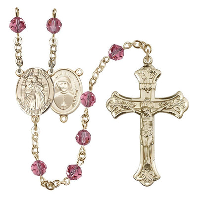 Jesus Divine Mercy Engravable Rosary with 14kt Gold Scroll Crucifix and Centerpiece, Birthstone 6mm Austrian Crystal Rose Beads for October, Bliss Manufacturing