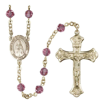 Our Lady of Rosa Mystica Rosary with 14kt Gold Scroll Crucifix and Centerpiece, Birthstone 6mm Austrian Crystal Pink Rose Beads for October