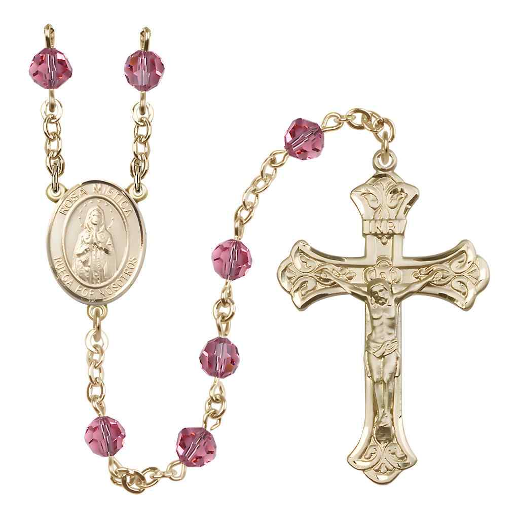 Rosa Mystica Rosary with 14kt Gold Scroll Crucifix and Centerpiece, Birthstone 6mm Austrian Crystal Pink Rose Beads for October | Bliss Manufacturing