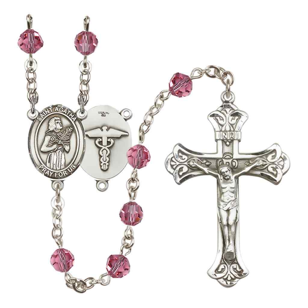 St. Agatha Nurse Sterling Silver 6mm Austrian Crystal Rosary