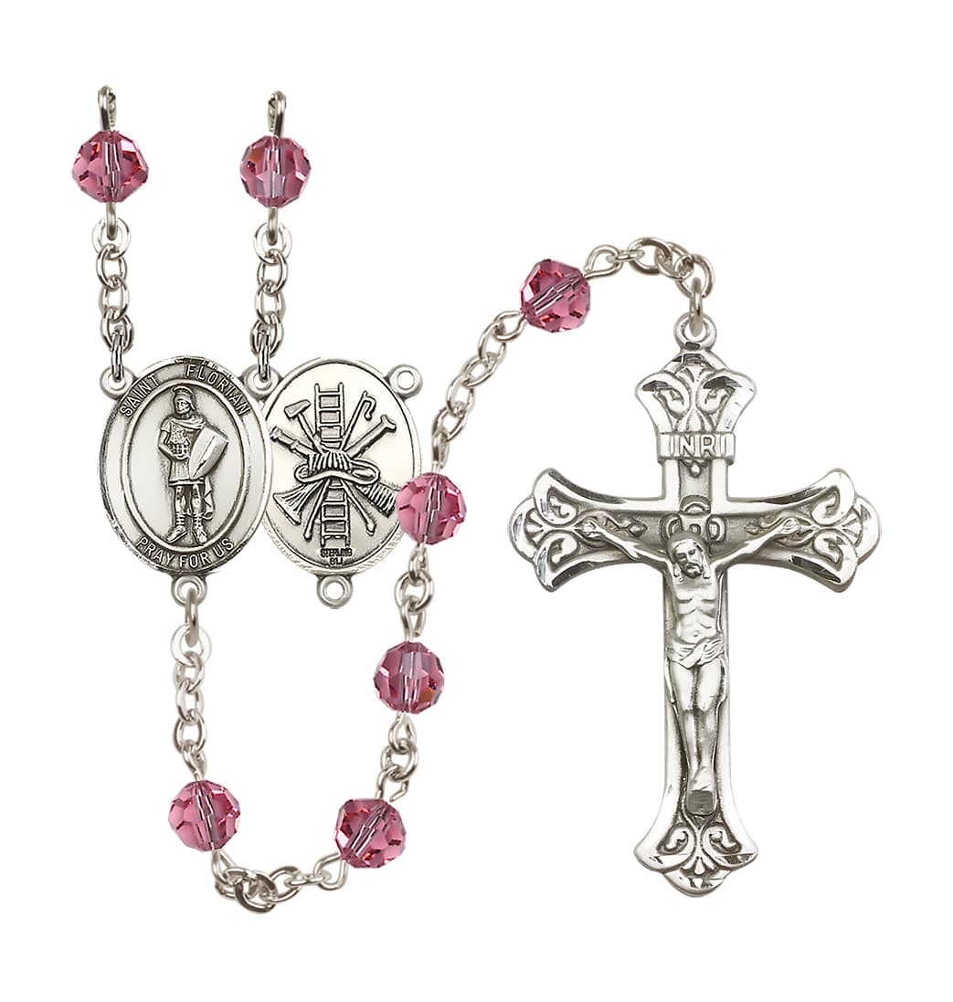 October Rose Bliss Manufacturing St Florian Firefighter Sterling Silver Crystal Flared Crucifix Birthstone Rosary,