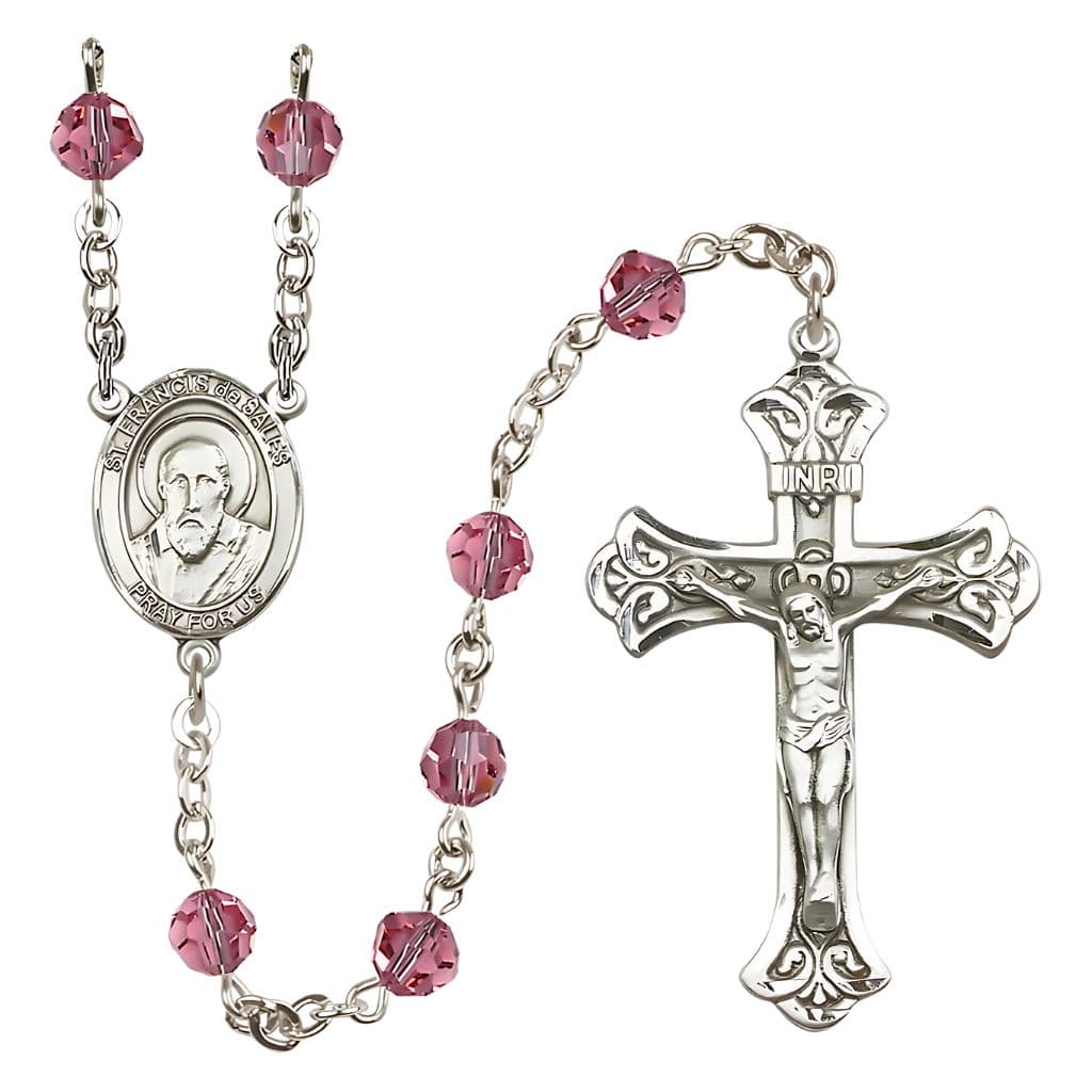Bliss St. Francis de Sales Rosary with 6mm Rose Austrian Crystal Beads and Sterling Silver in gift box,