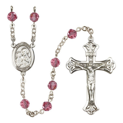 St. Joseph Rosary with Sterling Silver Scroll Crucifix and Centerpiece, Birthstone 6mm Austrian Crystal Pink Rose Beads for October