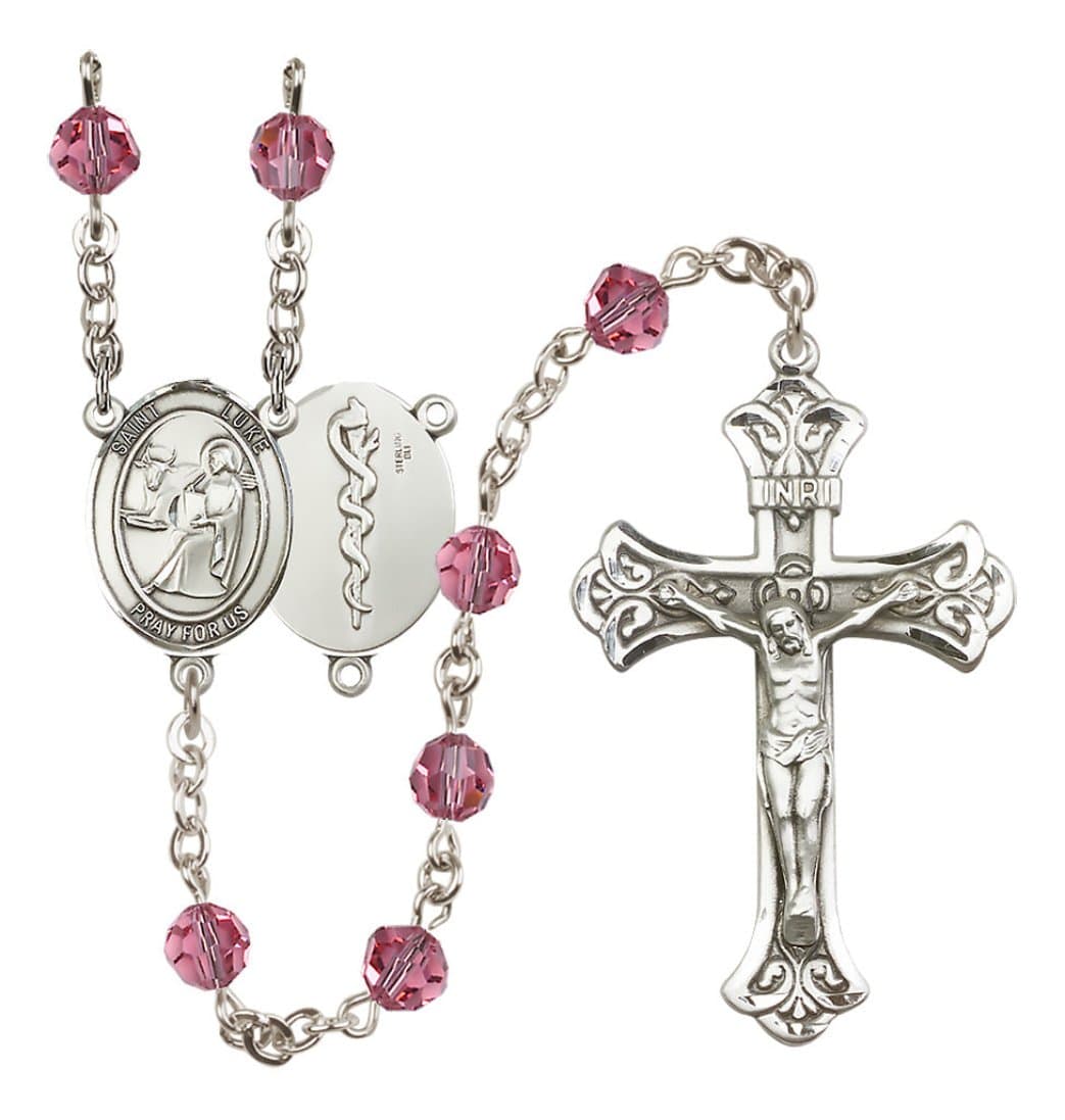 Bliss Doctor St Luke Sterling Silver Crystal Flared Crucifix Rosary in Rose,