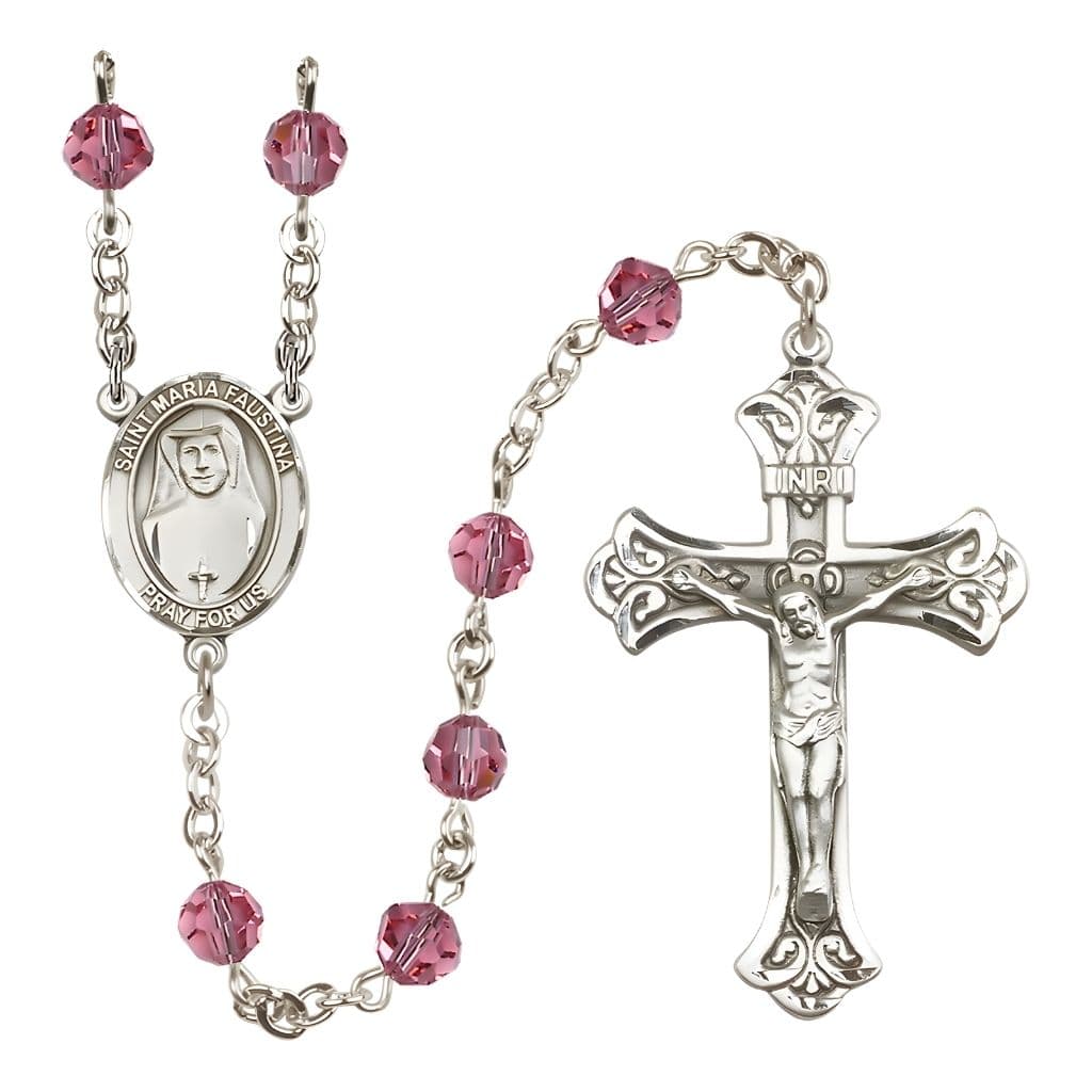 Bliss St. Maria Faustina 6mm Austrian Crystal Birthstone Sterling Silver Rosary in Rose,