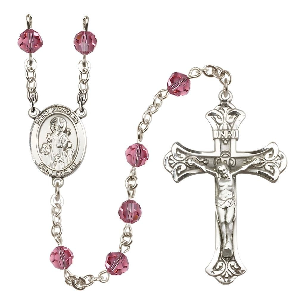 Bliss St. Nicholas Engravable Rosary with Sterling Silver Centerpiece and Scroll Design Crucifix, October Birthstone 6mm Pink Austrian Crystal Beads