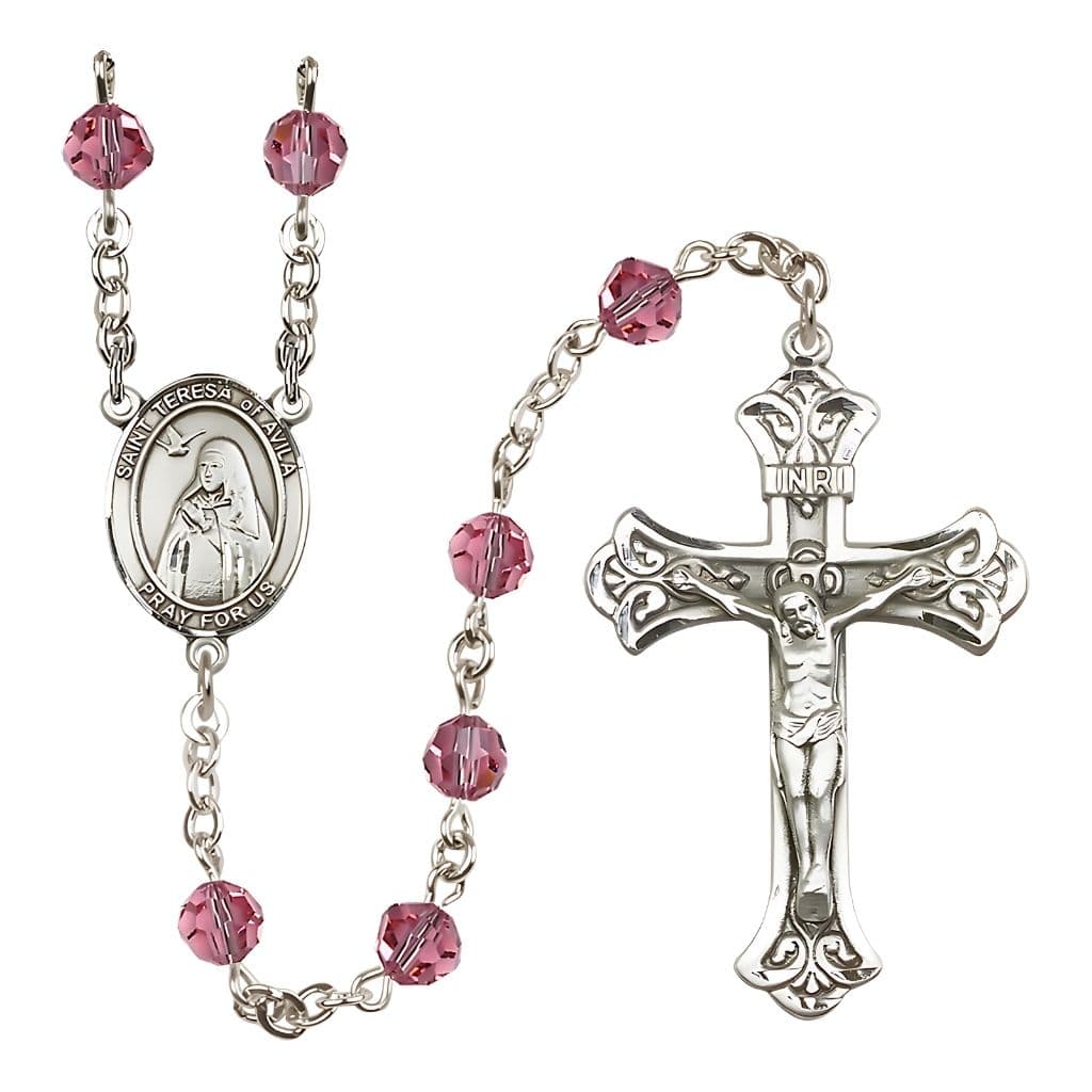 Bliss St. Teresa of Avila 6mm Rose Austrian Crystal Birthstone Sterling Silver Rosary