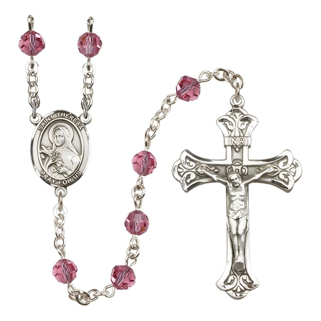 Bliss St. Theresa Rose 6mm Austrian Crystal October Birthstone Sterling Silver Rosary with Sterling Centerpiece and Scroll Design Crucifix