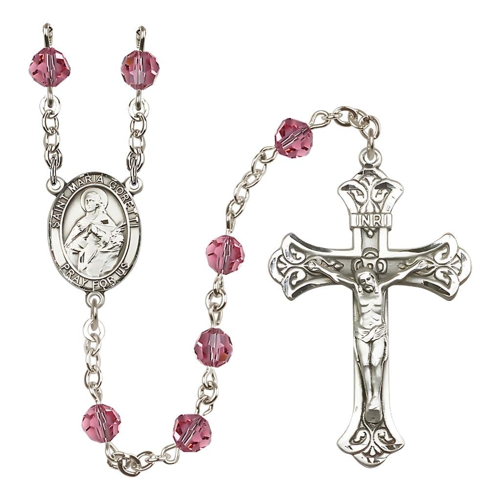Bliss St. Maria Goretti Sterling Silver 6mm Austrian Crystal Rosary in Rose,