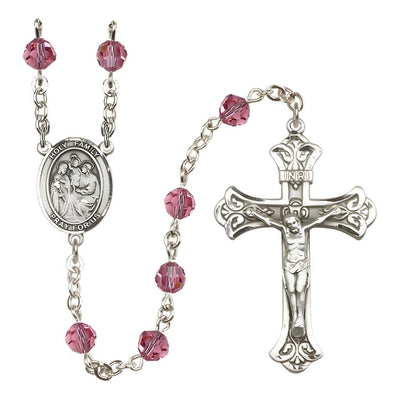 Holy Family Engravable Rosary with Sterling Silver Crucifix and Centerpiece, Birthstone 6mm Austrian Crystal Pink Rose Beads for October, Bliss Manufacturing