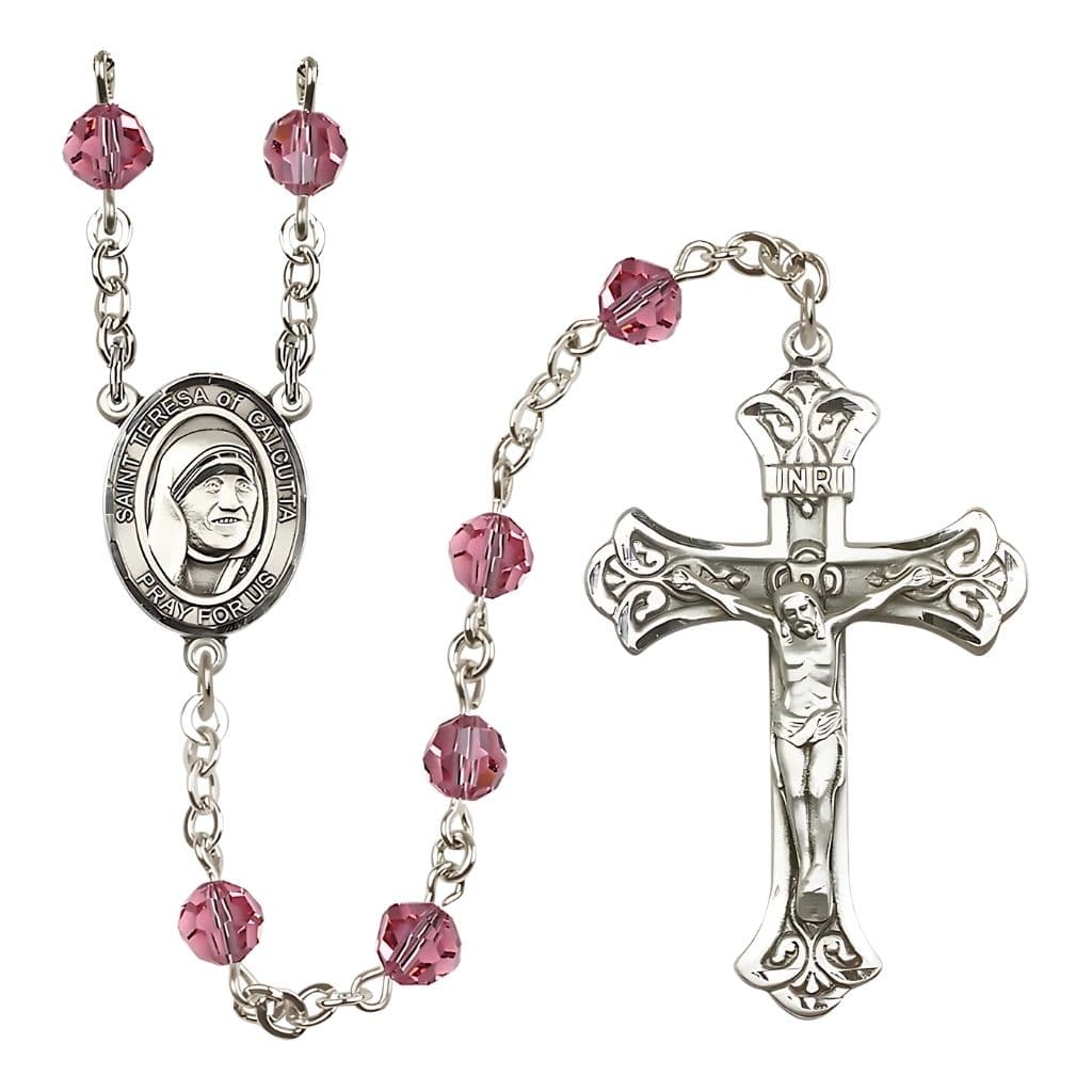 Bliss St. Teresa of Calcutta Sterling Silver Engraving Rosary, Birthstone Rose 6mm Austrian Crystal Beads