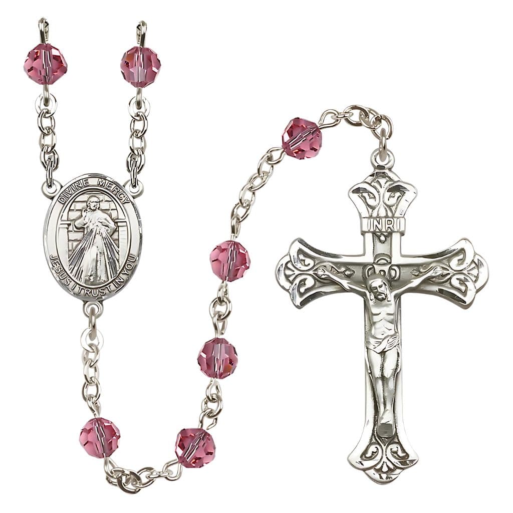 Bliss Jesus Divine Mercy Engravable Rosary with Sterling Silver Scroll Crucifix and Centerpiece, Birthstone 6mm Austrian Crystal Pink Rose Beads for October