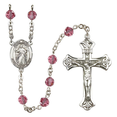 Jesus Divine Mercy Engravable Rosary with Sterling Silver Scroll Crucifix and Centerpiece, Birthstone 6mm Austrian Crystal Pink Rose Beads for October, Bliss Manufacturing