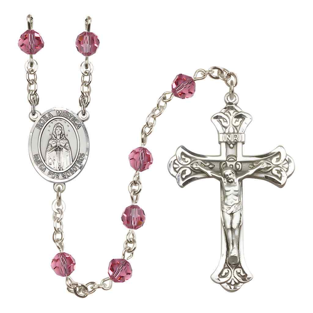 Spanish Rosa Mystica Rosary with Sterling Silver Scroll Crucifix and Centerpiece, Birthstone 6mm Austrian Crystal Pink Rose Beads for October