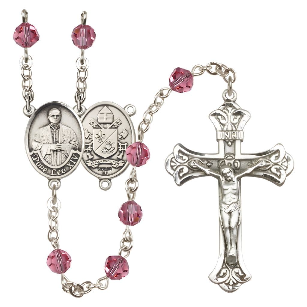 Bliss Pope Leo XIV Engravable Rosary with Sterling Silver Scallop Edge Crucifix and Centerpiece, Birthstone 6mm Austrian Crystal Pink Rose Beads for October
