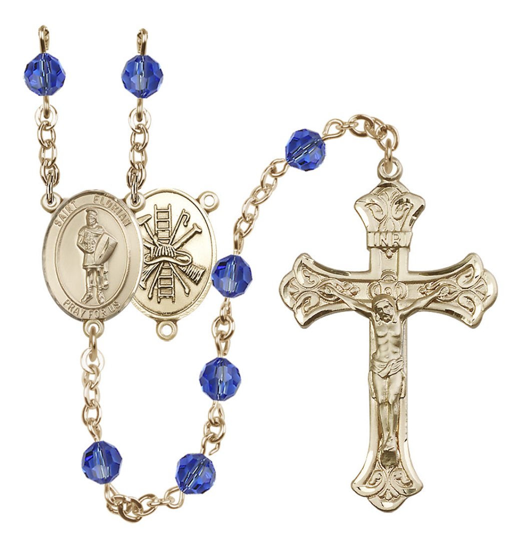 Bliss St Florian Firefighter Gold-filled Crystal Flared Crucifix Rosary in Sapphire September Birthstone,