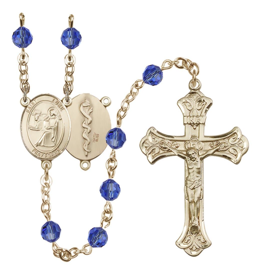 Bliss Doctor St Luke Gold-filled Crystal Flared Crucifix Rosary in Sapphire,