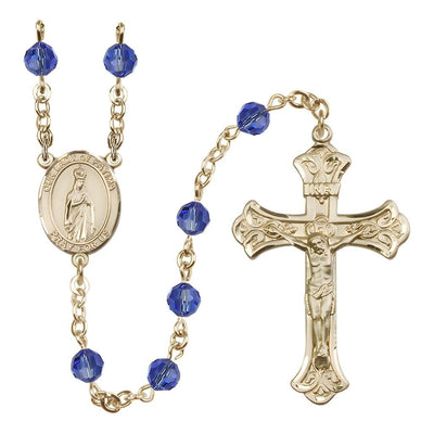 Our Lady of Fatima Engravable Rosary with Gold-filled Crucifix and Centerpiece, Birthstone 6mm Austrian Crystal Sapphire Beads for September, Bliss Manufacturing
