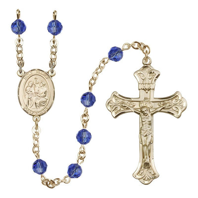 Holy Family Engravable Rosary with 14kt Gold-filled Crucifix and Centerpiece, Birthstone 6mm Austrian Crystal Sapphire Beads for September, Bliss Manufacturing