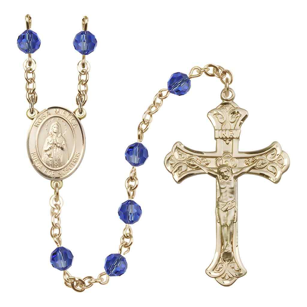 Rosa Mystica Rosary with Gold-filled Scroll Crucifix and Centerpiece, Birthstone 6mm Austrian Crystal Sapphire Beads for September
