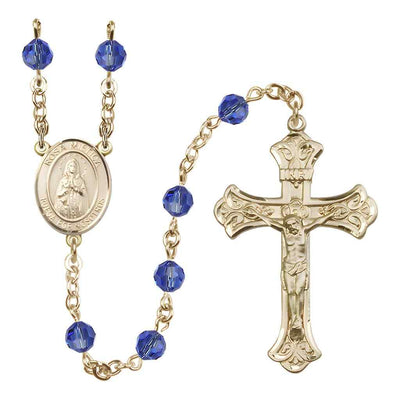 Rosa Mystica Rosary with Gold-filled Scroll Crucifix and Centerpiece, Birthstone 6mm Austrian Crystal Sapphire Beads for September