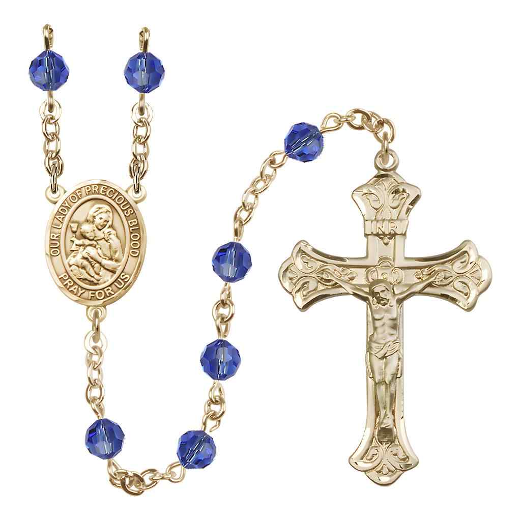 Our Lady of the Precious Blood Rosary with Gold-filled Scroll Crucifix and Centerpiece, Birthstone 6mm Austrian Crystal Sapphire Beads for September